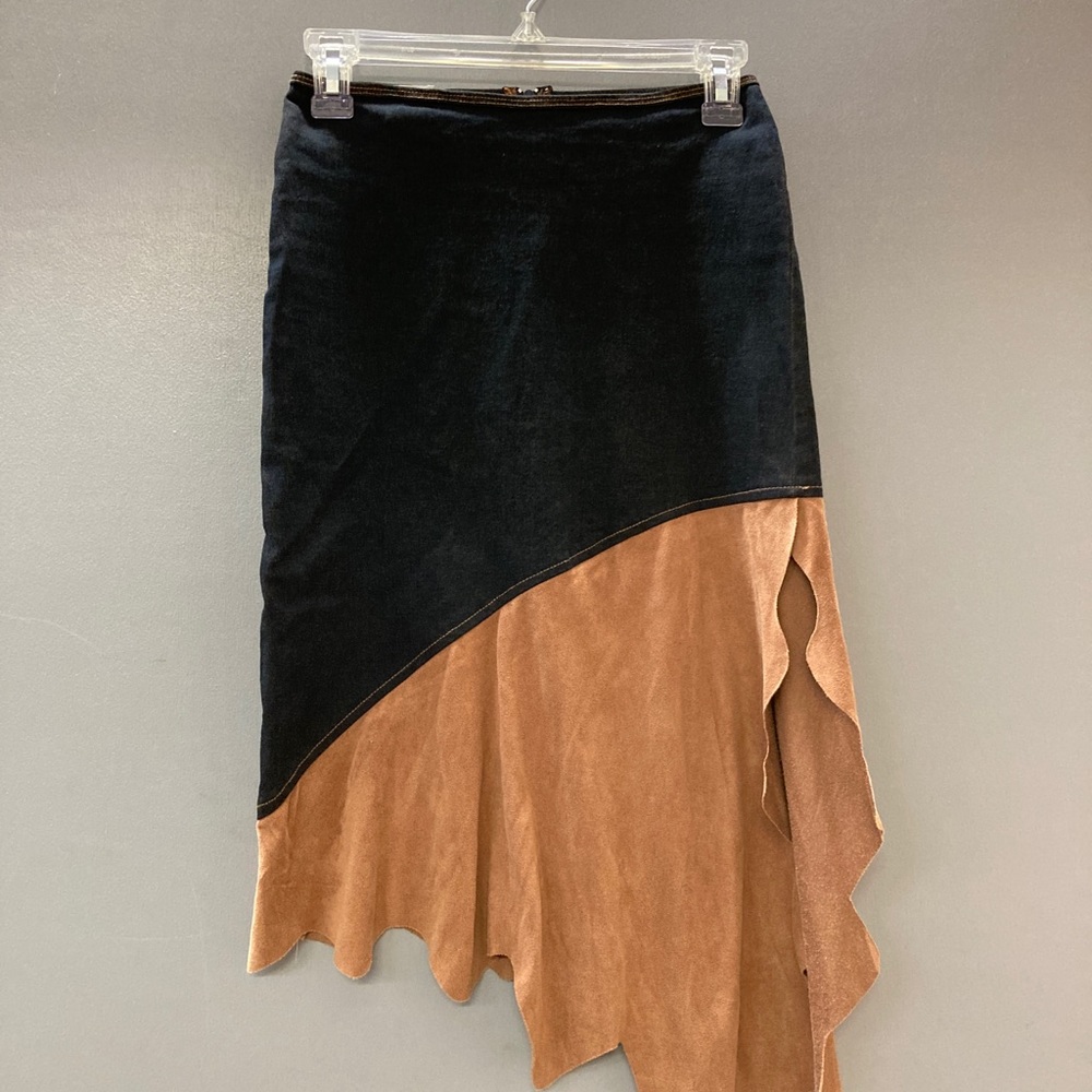 Faux Denim and Leather Asymmetrical Skirt